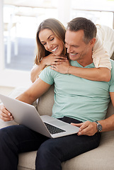 Image showing Computer, hug and happy couple on sofa for internet, online reading and website review, together planning for home or marriage. Affection, love and relaxing mature partner, woman or people on laptop