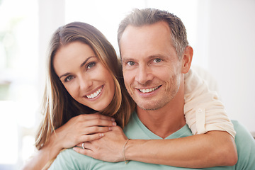 Image showing Portrait, relationship and couple with a smile, hug and cheerful with marriage, dating and joyful. Face, happy man and woman with happiness, quality time or partners embrace, romance and love at home