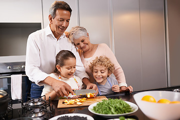 Image showing Food, grandparents or happy children learning cooking skills for a healthy dinner with fruit or vegetables at home. Teaching kids, knife or grandmother with old man or diet meal nutrition in kitchen