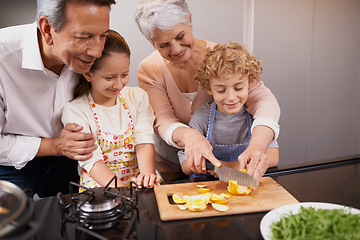 Image showing Food, happy children or grandparents teaching cooking skills for a healthy dinner with fruit or vegetables at home. Kids learning, knife or grandmother with old man or diet meal nutrition in kitchen