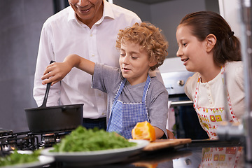 Image showing Food, father or happy kids learning cooking skills for a healthy dinner with green vegetables at home. Kids learning, helping dad or young siblings mixing meal pot for diet in kitchen with parent