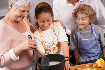Image showing Pot, grandparents or happy kids learning cooking skills for a healthy dinner with fruit or vegetables at home. Teaching, child development or grandmother with old man or food nutrition in kitchen