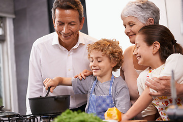 Image showing Pot, happy kids or grandparents teaching cooking skills for a healthy dinner with vegetables diet at home. Learning, children siblings helping or grandmother with old man or food nutrition in kitchen