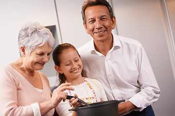 Image showing Portrait, happy girl or grandparents teaching cooking skills for healthy dinner with vegetables diet at home. Learning, young child helping or grandmother with old man, smile or food meal in kitchen