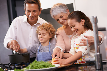 Image showing Help, happy kids or grandparents teaching cooking skills for a healthy dinner with vegetables diet at home. Learning, children siblings helping or grandmother with old man or food meal in kitchen