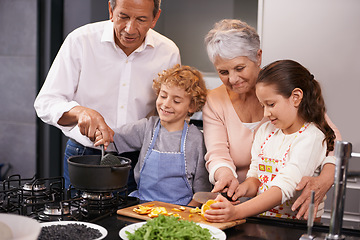 Image showing Help, happy children or grandparents teaching cooking skills for a healthy dinner with vegetables diet at home. Learning, kids siblings helping or grandmother with old man or food meal in kitchen