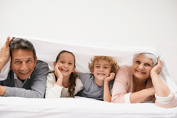 Image showing Portrait, grandparents or happy kids in bedroom to relax together for bonding in Australia with love or care. Morning, faces or grandmother with children or mature old man to enjoy quality bed time