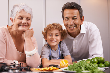 Image showing Portrait happy boy or grandparents teaching cooking skills for dinner with vegetables diet in family home. Learning, child helping or grandmother with old man, kid or healthy food meal in kitchen