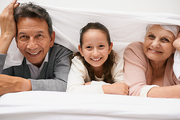 Image showing Portrait, grandparents or happy child in bedroom to relax together for bonding in Australia with love or care. Morning, faces or grandmother with fun girl or old man to enjoy quality time on bed