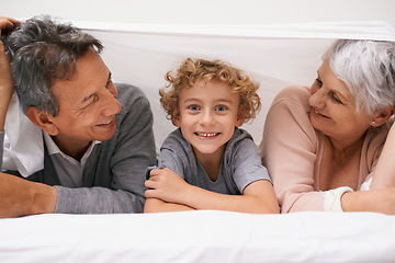 Image showing Portrait, grandparents or happy kid in bedroom to relax together for bonding in Australia with love or care. Morning, faces or grandmother with funny cute boy or old man to enjoy quality bed time