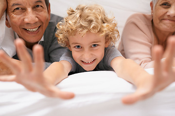 Image showing Portrait, grandparents or boy playing in bedroom to relax together for bonding in Australia with love or care. Morning, faces or happy grandmother with funny kid or old man to enjoy quality bed time