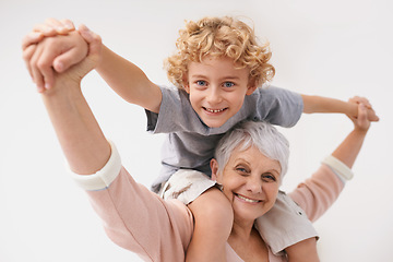 Image showing Portrait, piggyback or grandma with a happy child or smile hugging with love in family home. Elderly grandmother, boy or fun old woman relaxing, bonding or playing together in retirement on holiday