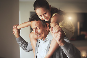 Image showing Smile, piggyback or happy grandfather with a child playing or hugging with love in family home. Elderly grandpa, girl kid or old man relaxing, bonding or enjoying quality time together in retirement