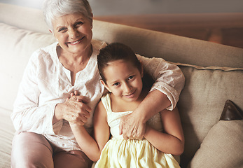 Image showing Portrait, smile or happy grandmother with a child hugging with love in family home on holiday break. Elderly grandma, kid or old woman relaxing or bonding to enjoy quality time together in retirement