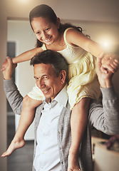 Image showing Smile, piggyback or happy grandfather with a girl playing or holding hands with love in family home. Elderly grandpa, kid or old man relaxing, bonding or enjoying quality time together in retirement