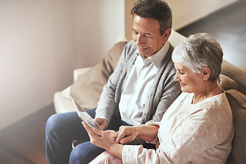 Image showing Tablet, relax or old couple streaming movies or film on online subscription in retirement at home together. Love, internet or senior woman watching videos with a happy elderly man in living room sofa