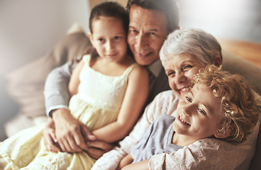 Image showing Smile, relax or happy grandparents with a children hug to embrace love together in family home in retirement. Elderly grandma, old man or kids relaxing, bonding or enjoying quality time together