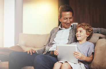 Image showing Tablet, child or happy grandfather talking or smiling in conversation in retirement at home to relax. Grandparent or kid loves bonding or speaking to a mature old man or streaming movies together