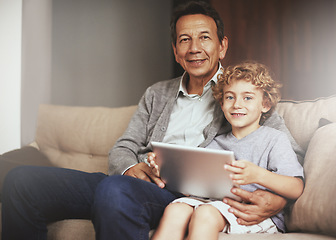 Image showing Tablet, child or portrait of a happy grandfather streaming movie or film on online subscription at home. Relax, grandparent or child loves watching fun videos with a senior or mature old man on sofa