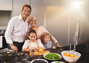 Image showing Portrait, grandparents or happy kids cooking food for a healthy dinner with fresh organic green vegetables. Senior or kids with grandmother or old man for a lunch diet in a house kitchen together