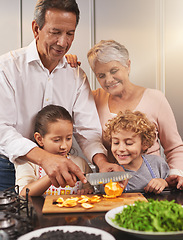 Image showing Food, happy kids or grandparents teaching cooking skills for a healthy dinner with fruit or vegetables at home. Children learning, knife or grandmother with old man or diet meal nutrition in kitchen