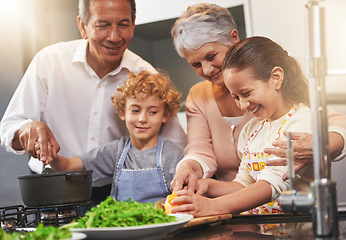 Image showing Pot, happy children or grandparents teaching cooking skills for a healthy dinner with vegetables diet at home. Learning, kids siblings helping or grandmother with old man or food meal in kitchen