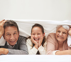 Image showing Portrait, grandparents or happy girl in bedroom to relax together for bonding in Australia with love or care. Morning, faces or grandmother with funny child or old man to enjoy quality time on bed