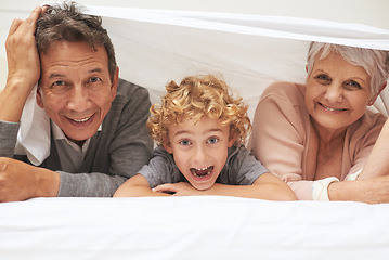 Image showing Portrait, grandparents or excited boy in bedroom to relax together for bonding in Australia with love or care. Morning, faces or happy grandmother with funny kid or old man to enjoy quality bed time