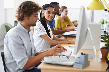 Image showing Journalist, portrait or happy woman in office typing on computer working on digital business or research project. People, database or girl writing online blog reports or internet article with focus