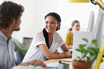 Image showing Happy woman, laughing or people in office talking or speaking of business or research project on break. Relax, chat or funny friends in conversation or discussion about on blog or internet article