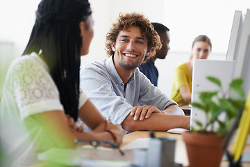 Image showing Happy man, break or people in office talking, chatting or speaking of gossip or business news together. Bond, smile or relaxed employees in conversation or discussion about on blog or article at desk