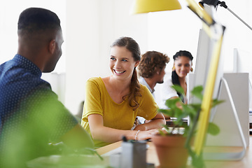 Image showing Funny, break or happy girl in office talking or speaking of a crazy joke, gossip or news with black man. Woman, chat or employees laughing in conversation or discussion about comedy blog together