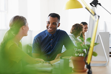 Image showing Black man, break or happy people in office talking or speaking of a crazy story, gossip or news together. Funny joke, chat or employees laughing in conversation or discussion about blog at desk