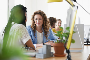 Image showing Office, woman or women on break talking, chatting or speaking of people or gossip news together. Bonding, friends laughing or relaxed employees in conversation or discussion about team plan at desk