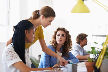 Image showing Creative women, training and mentor planning a project in meeting or speaking with leadership in office. Woman coaching and staff team of employees for strategy or ideas in startup at the workplace