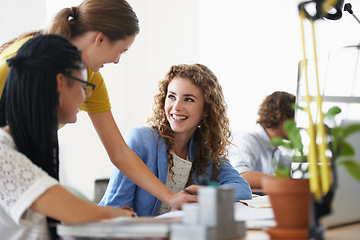 Image showing Women, engineering or happy mentor planning planning a project talking or laughing with leadership in meeting. Coaching, funny or team of employees for a floor plan strategy or ideas in architecture