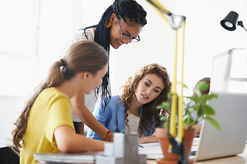 Image showing Women, architecture or happy mentor planning planning a project talking with leadership in meeting. Coaching, laptop or team of designers for a floor plan strategy or ideas in engineering blueprint