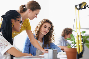 Image showing Engineering women, training or mentor planning a project talking with leadership in office meeting. Woman coaching, documents or team of employees for a floor plan strategy or ideas in architecture