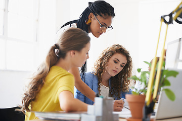 Image showing Women, floor plan or happy mentor planning or writing an engineering project talking with leadership. Coaching, meeting or team of designers working on strategy or ideas of architecture blueprint