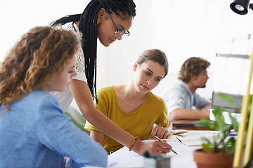 Image showing Women, floor plan or engineering mentor writing or planning an project talking with leadership in meeting. Coaching, teach or team of designers working on strategy or ideas of architecture blueprint