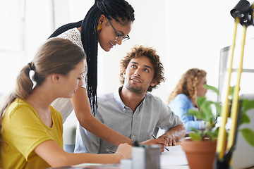 Image showing Creative business people, coaching and writing in team planning, meeting or collaboration at office. Happy woman coach training staff in project plan for strategy or ideas in startup at the workplace