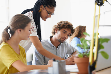 Image showing Creative business people, coaching and writing in teamwork, planning or collaboration at the office. Happy woman coach training staff in project plan for strategy or ideas in startup at the workplace