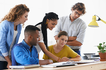 Image showing Business people, documents and teamwork in planning, collaboration or meeting for strategy at office. Group of employees working on paperwork in diversity or team brainstorming for ideas at workplace