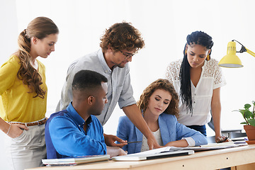 Image showing Businessman, coaching and meeting with documents for planning, strategy or brainstorming at the office. Business people listening to coach ideas in teamwork for group project plan or training staff