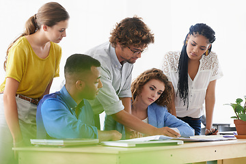 Image showing Businessman, coaching and documents training staff in planning, strategy or collaboration at office. Business people listening to coach in teamwork for group project, plan or paperwork at workplace