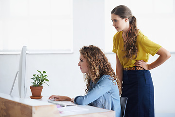 Image showing Computer, women or manager coaching a worker in startup or research project in digital agency. Leadership, laptop or person helping, training or speaking of SEO data or online branding to employee