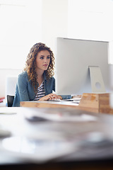 Image showing Journalist, office or woman with computer to research news, online business or digital project. Focus, database or serious girl employee writing blog reports or internet article on pc or laptop desk