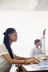 Image showing Journalist, office or girl typing on computer working on email, business project or online research. Laptop, database or serious biracial woman writing blog reports or internet article with focus