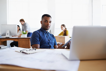 Image showing Tablet, architect or portrait of black man in office for engineering project or online research. Architecture, digital or designer typing on web app for floor plan development or building blueprint