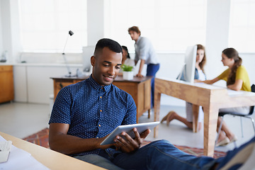 Image showing Relax, architect or black man with tablet in office for engineering project or social media online. Research, digital or relaxed designer typing on web app for internet, database or architecture info